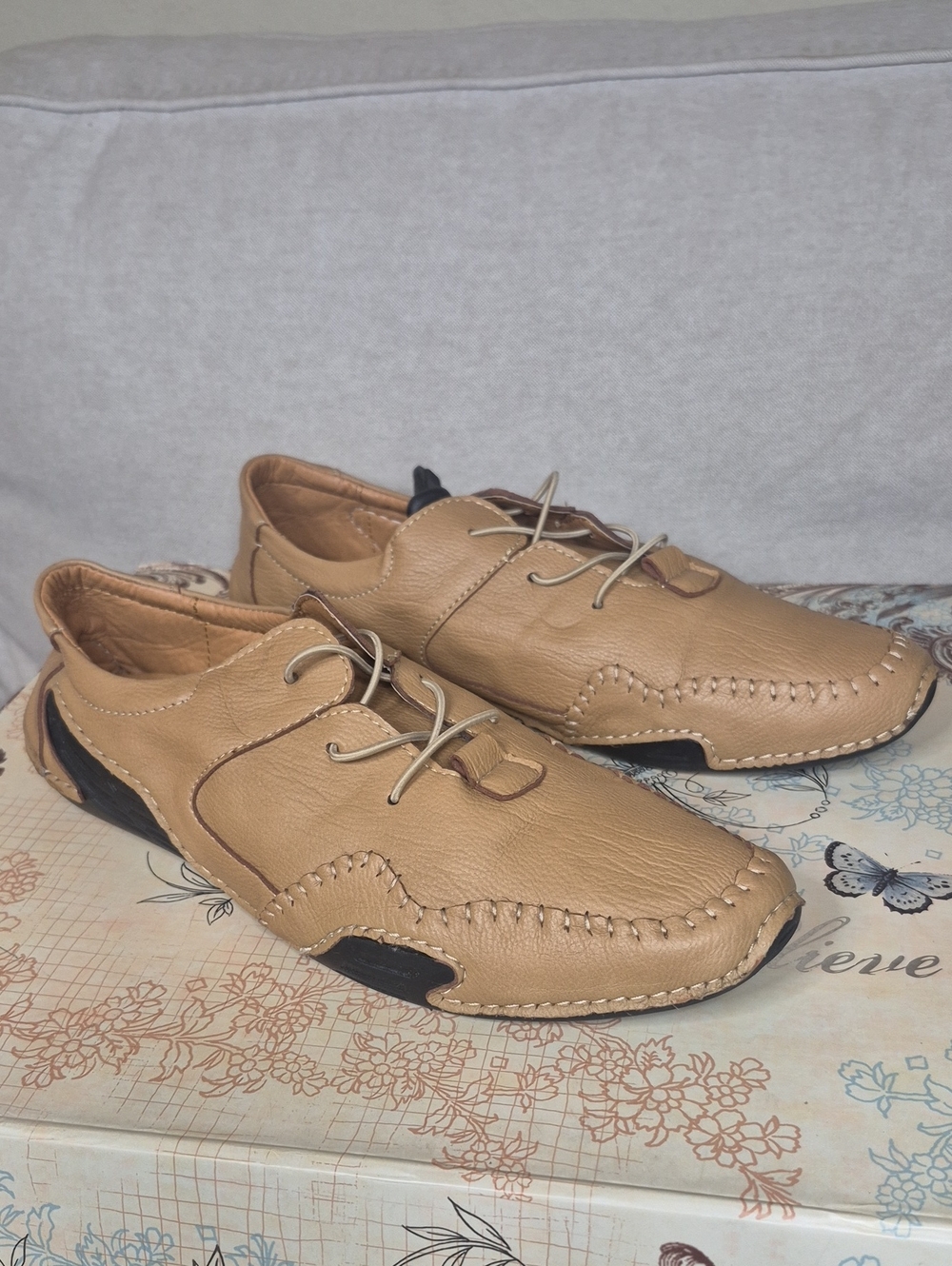 Men's Casual Tan Slip-On Leather Loafers with Lace Detail
